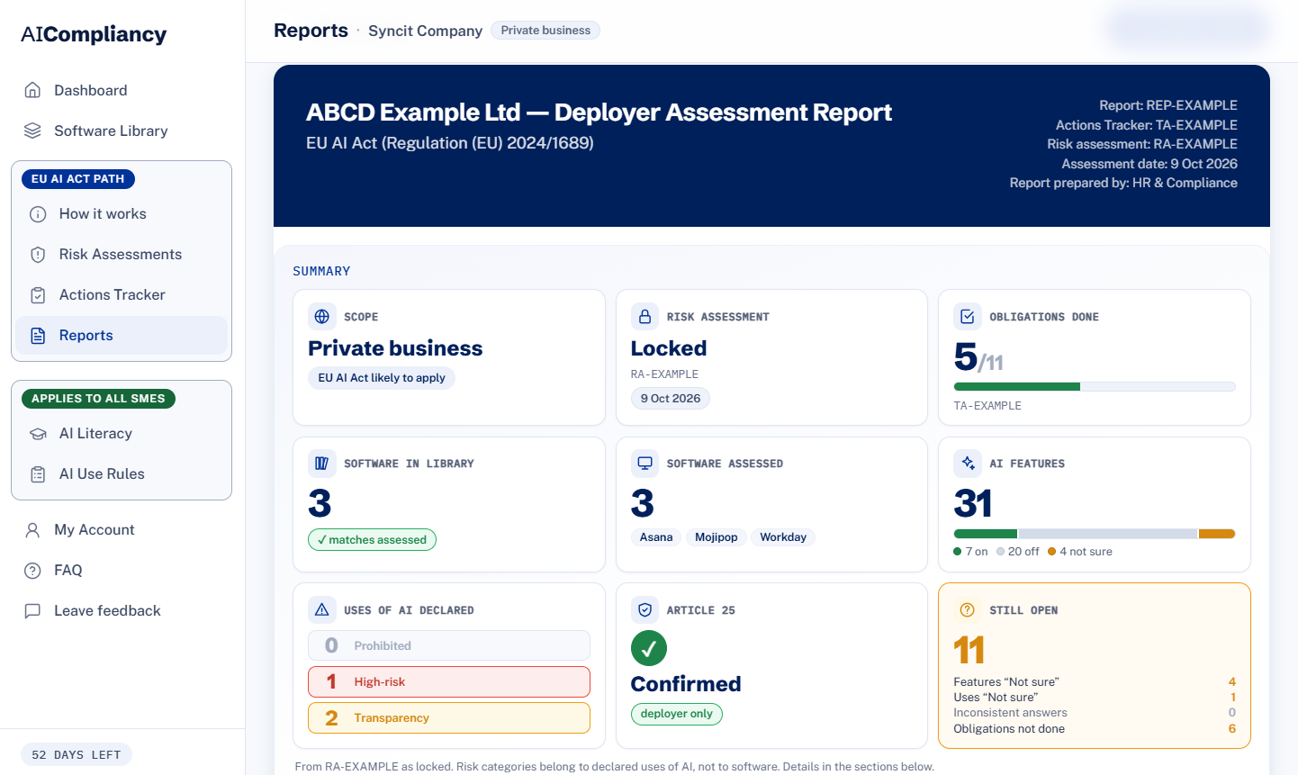 The Reports page of the AI Compliancy dashboard: the Deployer Assessment Report for the worked example, ABCD Example Ltd, with scope, risk assessment, obligations done, software and AI features in summary cards