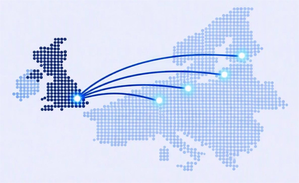 A dot map of Europe: Great Britain in dark navy on the left, glowing blue lines running from England to points across mainland Europe.